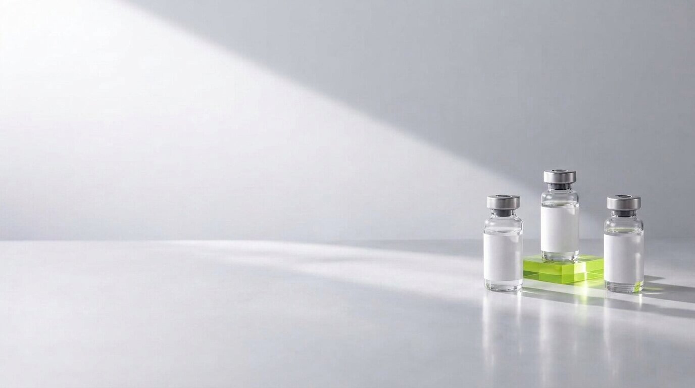 Clear peptide research vials on a bright laboratory surface with a lime acrylic platform